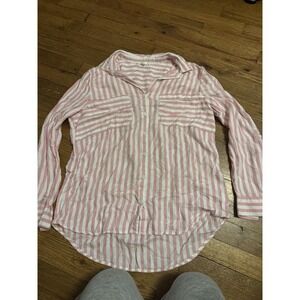 Beach Lunch Lounge Pink White Striped Button Down Top Size M